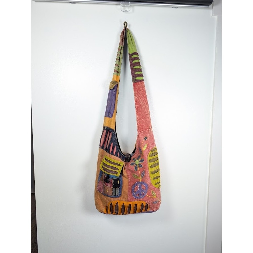 Hobo Patchwork Boho Shoulder Crossbody Bag Peace Sign Embroidered Nepal Festival